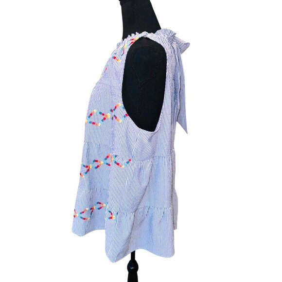 Savanna Jane Blue White Striped Sleeveless Top Embroidery Bow 1X Beach Resort - Picture 5 of 8
